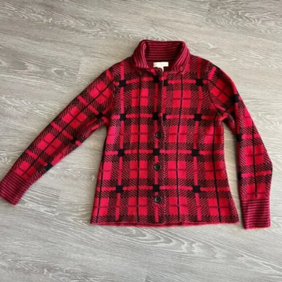 Christopher & Banks Sweater Medium Button Front Short Red Black Plaid - Picture 1 of 12
